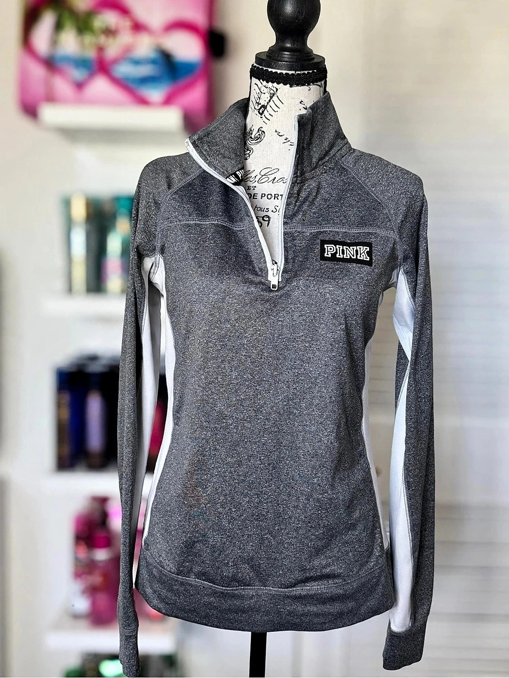 Victoria’s Secret PINK Quarter Zip Size S Gray White Y2K Sporty Pullover